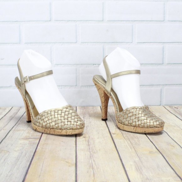 Michael Kors Gianna Gold Woven Leather Heeled Ankle Strap Cork Sandals Size 7.5 - Picture 3 of 8